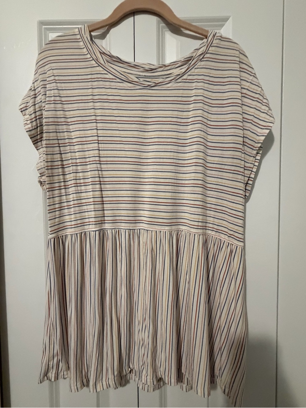 Grace & Lace Cream Striped Peplum Tee with Blue and Pink Lines